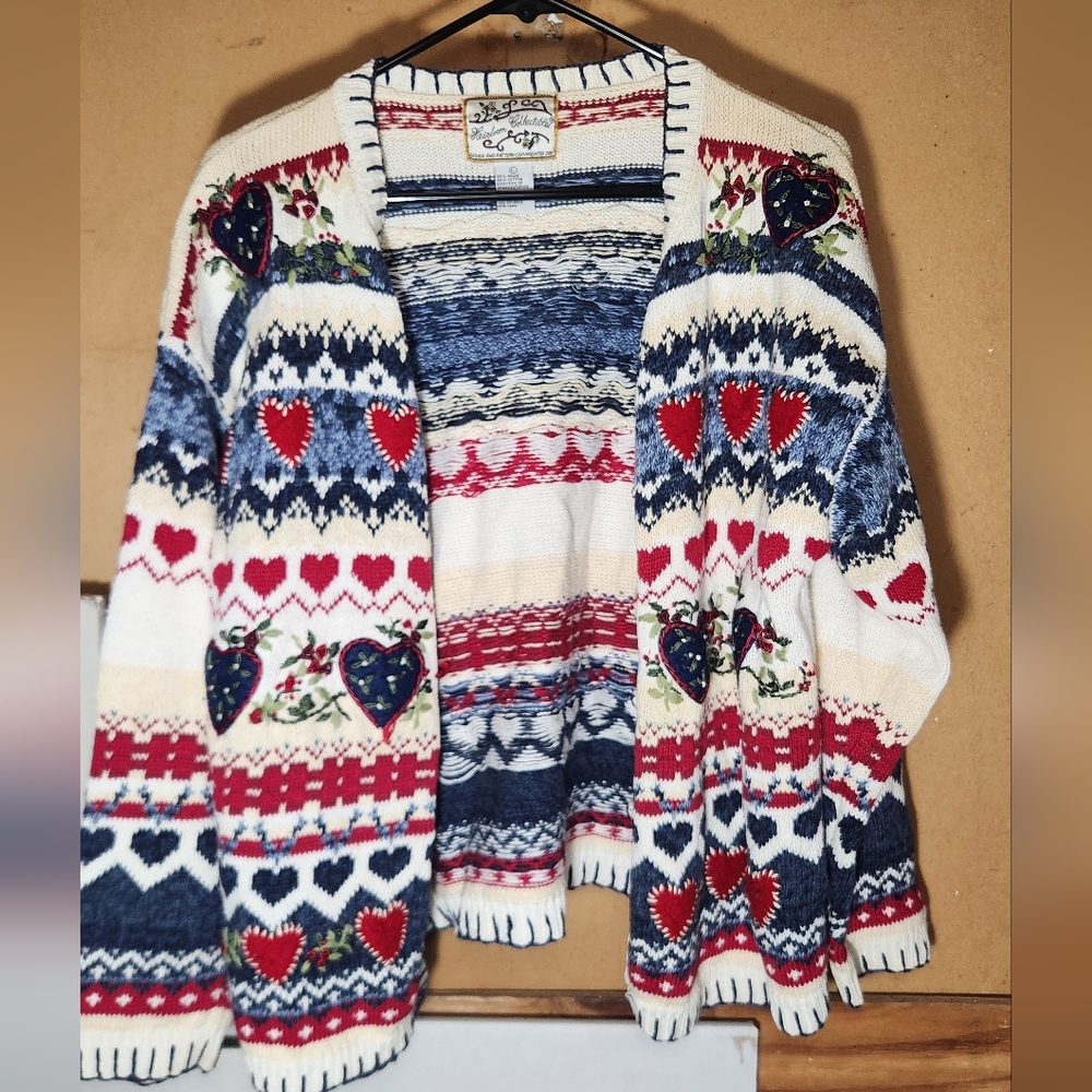 Chico's Red and Blue Cardigan Sweater with Nordic Patterns